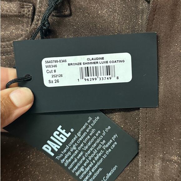 PAIGE Claudine Bronze Shimmer Luxe Coating Ankle Flare Jeans Size 26 - Picture 11 of 16